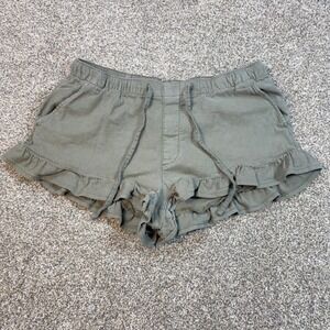 American Eagle Olive Green Linen Blend Ruffle Hem Shorts Womens M Drawstring